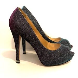 Badgley Mischka Humbie IV Purple Blue Glitter Sparkle Peep Toe High Heels